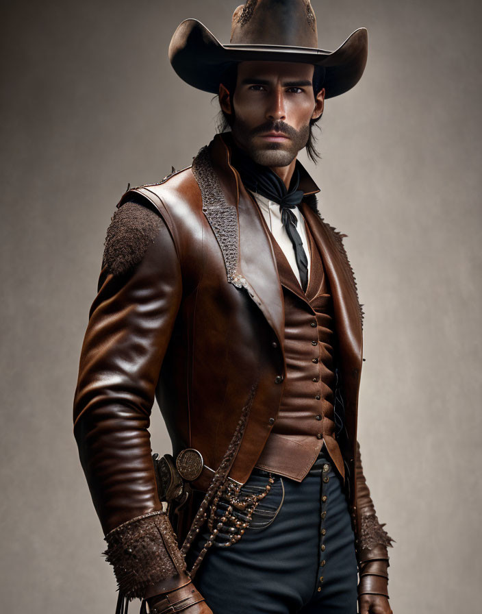 Cowboy costume with leather jacket, waistcoat, hat, and bolo tie on man against muted