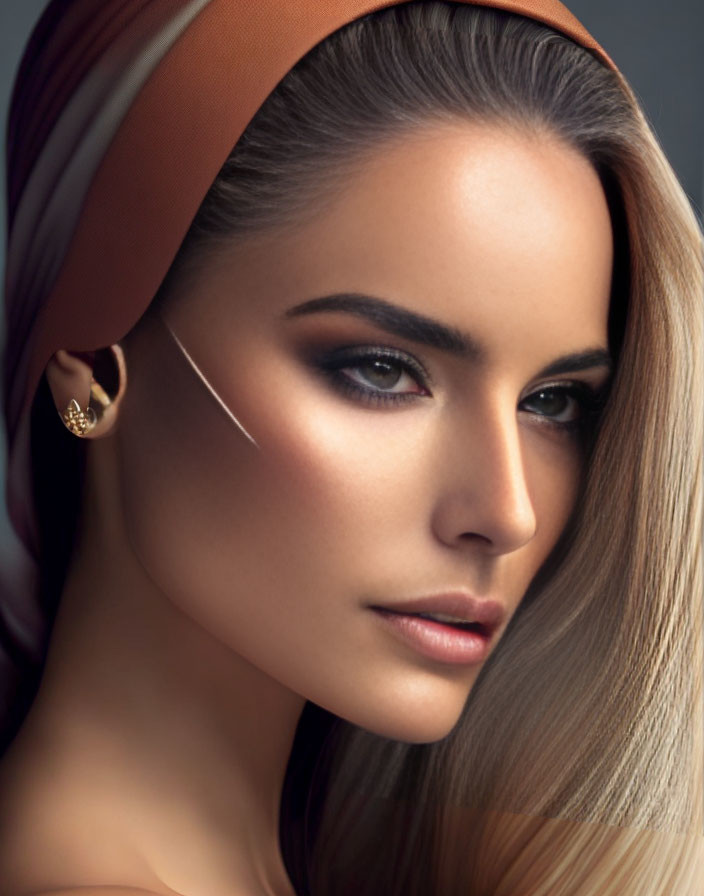 Woman with Smoky Eye Makeup and Orange Headband Displaying Earring