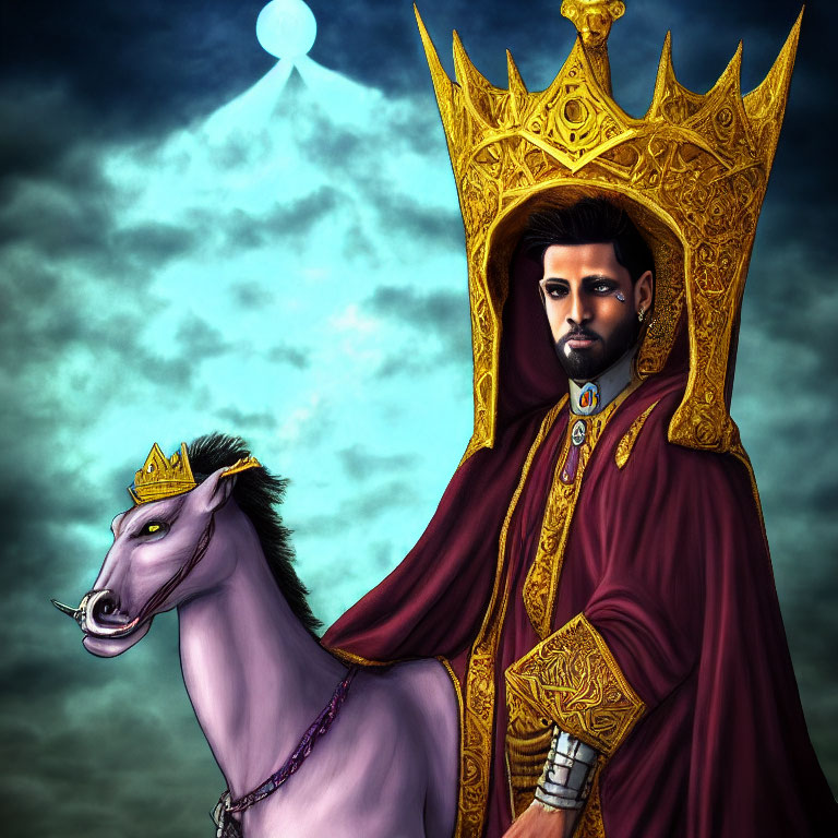 Regal man with crown and horse in maroon cloak under crescent sky