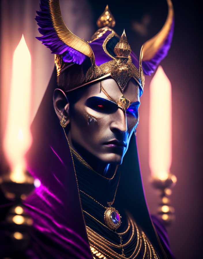 Elaborate Golden Headgear and Mask with Lit Candles Background