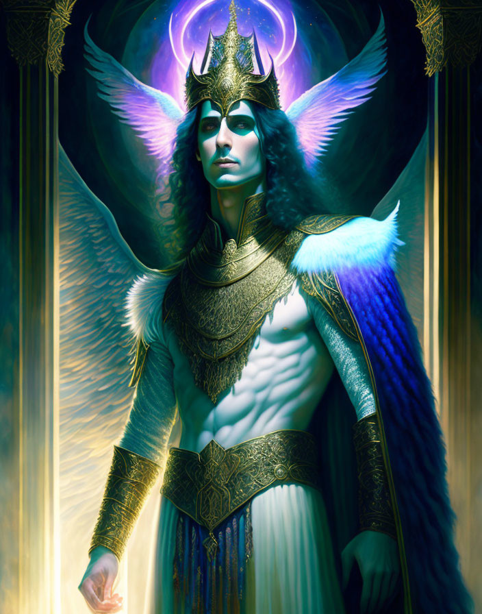 Fantasy figure with crown, blue & white robes, muscular torso, and glowing purple orb.