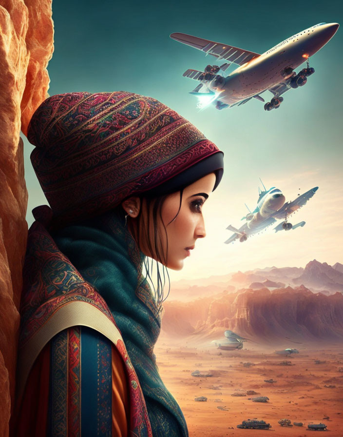 Traditional Attire Woman Observing Airplanes in Desert Landscape