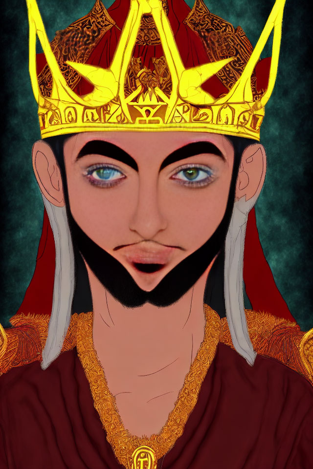 Portrait of person with golden crown, blue eyes, goatee, red and gold regal attire,