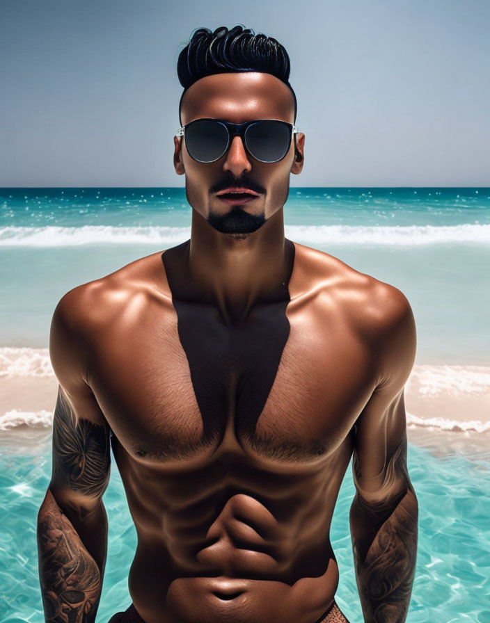 Bearded man with sunglasses and tattoos by the sea