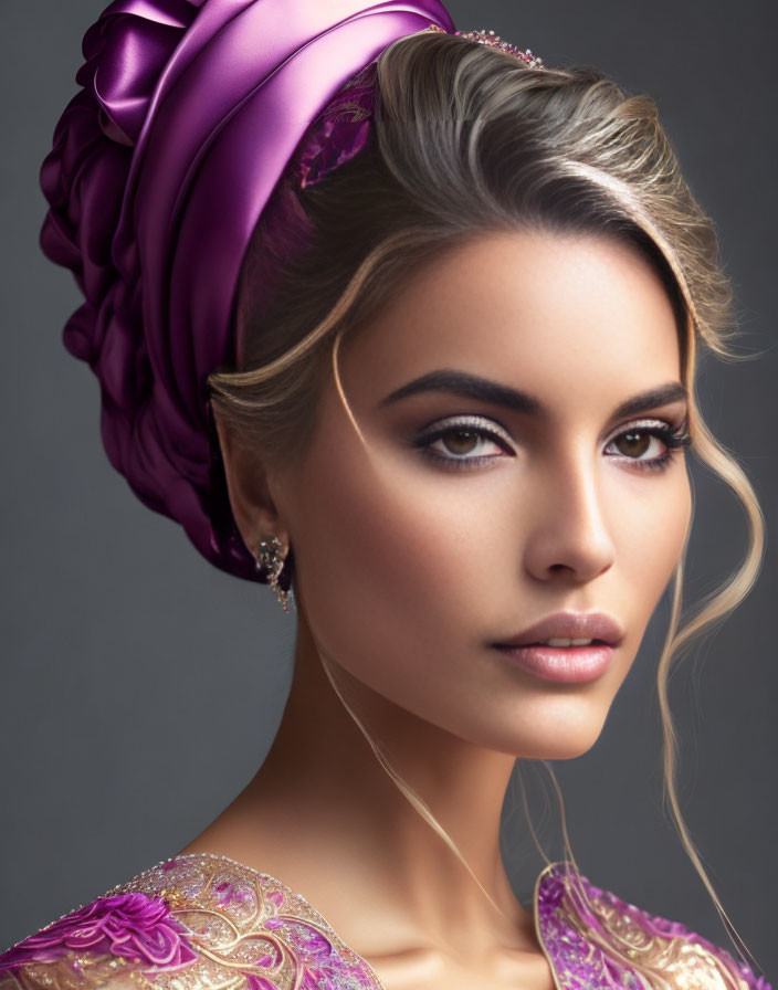 Portrait of Woman with Styled Hair, Purple Headpiece, Elegant Makeup, and Embroidered Garment