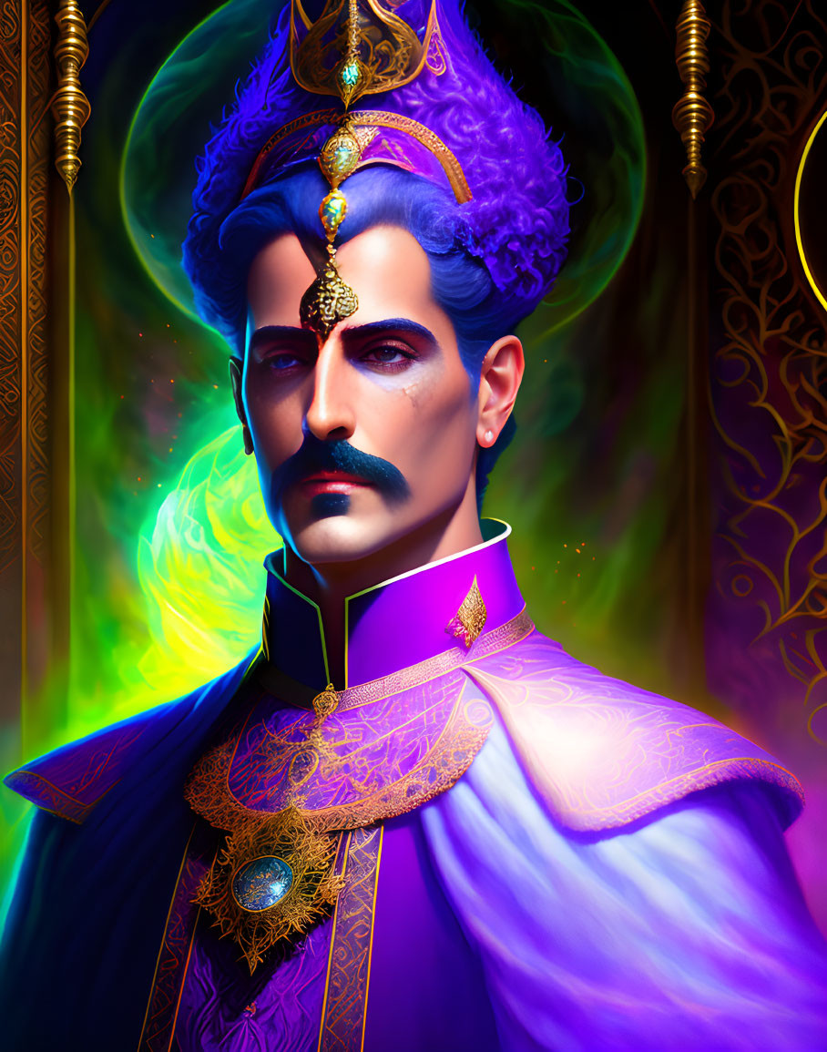 Stylized portrait of a man with blue hair and regal attire