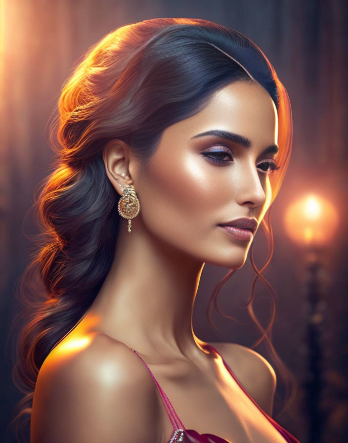 Elegant woman in red dress with gold earrings and soft lighting