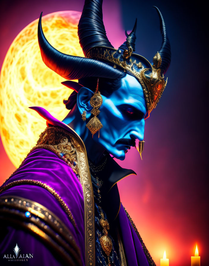 Blue-skinned figure in golden horns and purple robes before fiery orb