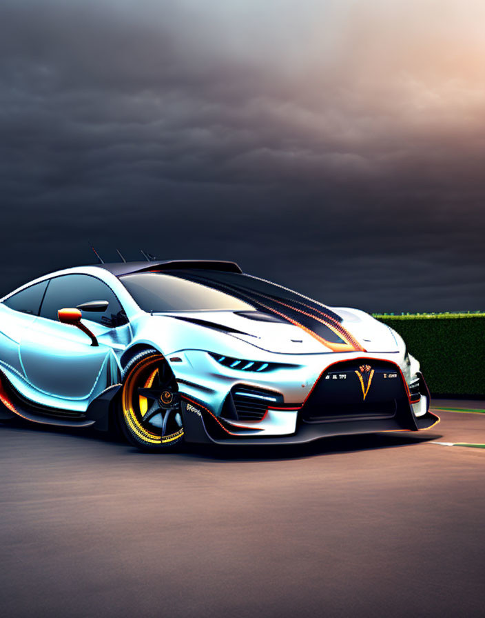 White Sports Car with Orange Accents and Modern Design on Asphalt at Dusk