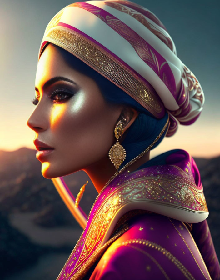 Profile of woman in ornate turban and embroidered attire against golden sunset