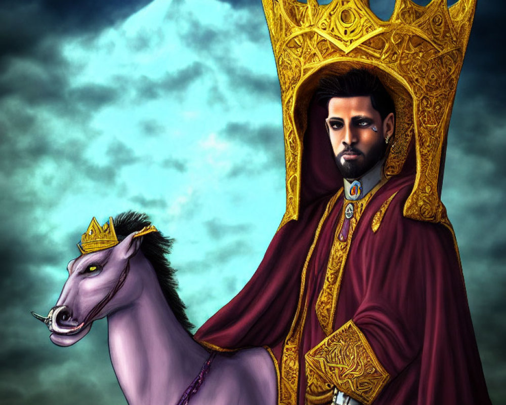 Regal man with crown and horse in maroon cloak under crescent sky