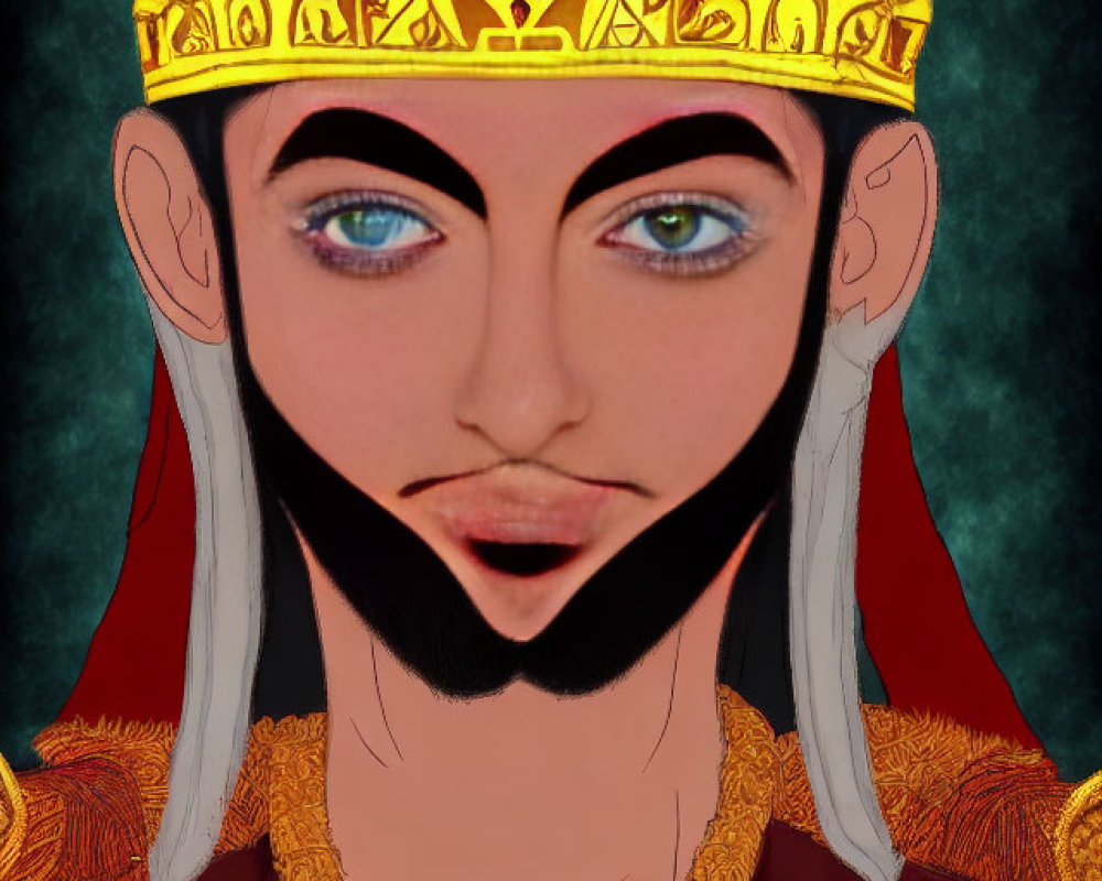 Portrait of person with golden crown, blue eyes, goatee, red and gold regal attire,