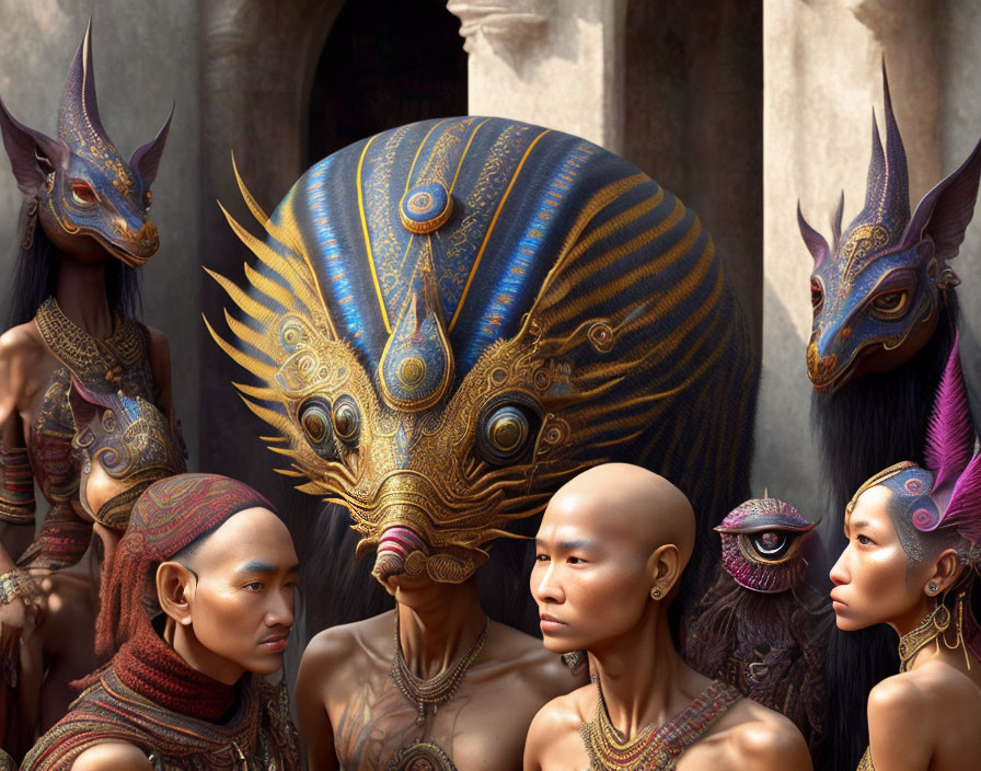 Detailed Artwork: Humanoid Figures with Exotic Headpieces in Enigmatic Encounter