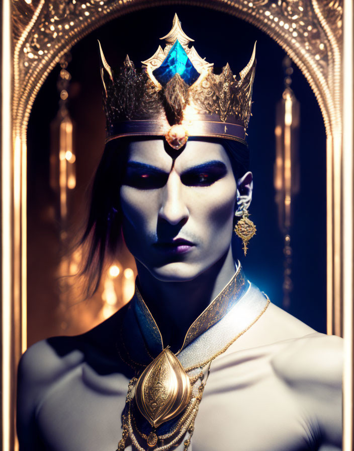 Regal individual in crown and golden attire with blue gem.