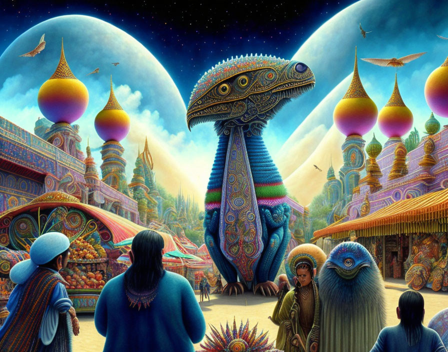 Colorful Fantasy Bazaar with People and Reptilian Creature in Ornate Setting