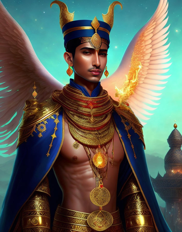 Regal figure with golden jewelry and luminous wings in blue royal attire