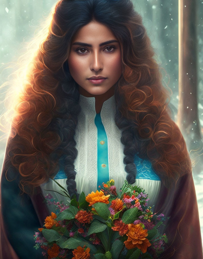 Curly-haired woman with intense eyes and orange flower bouquet in soft light