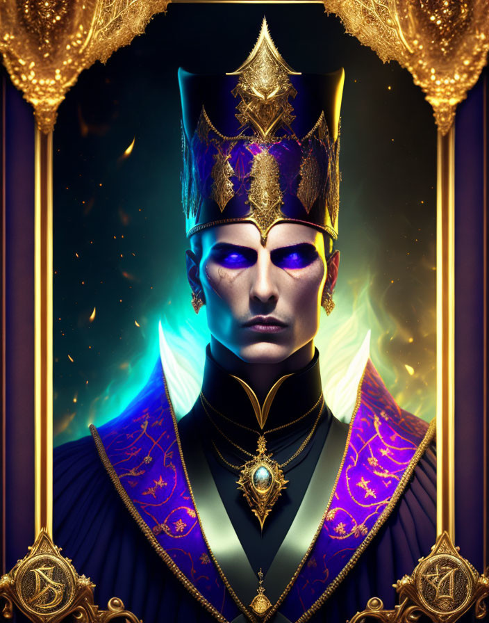 Blue-skinned regal figure with glowing purple eyes in ornate gold and blue attire.