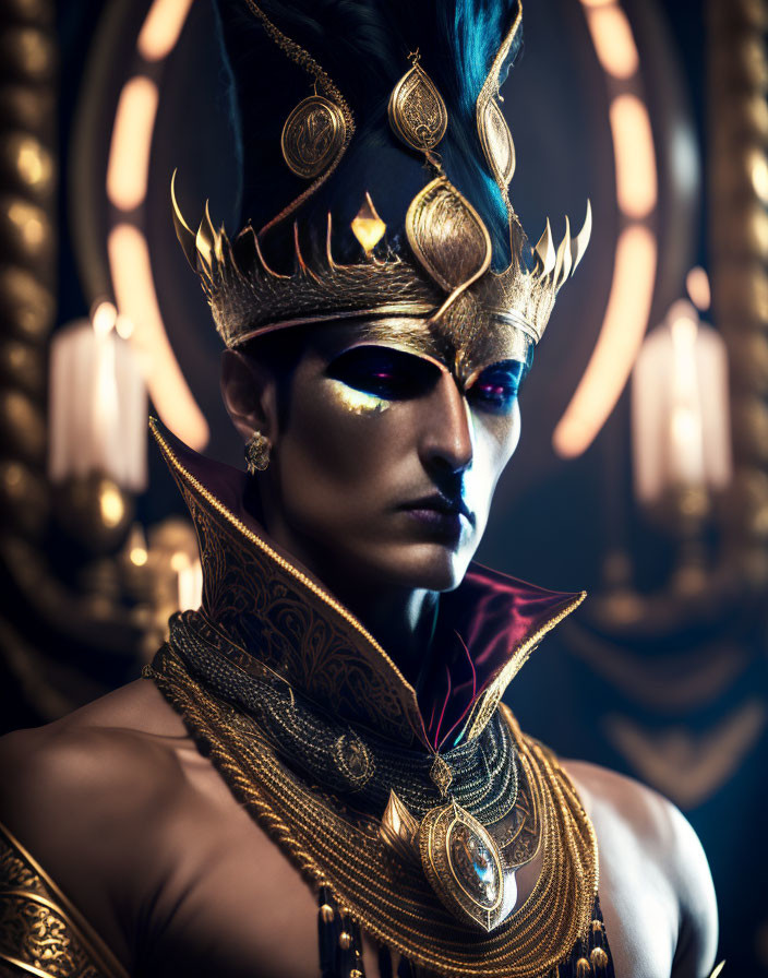 Regal Figure in Golden Crown and Blue Feathers Against Circular Light Structure