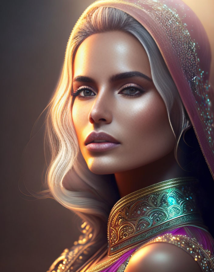 Striking digitally created portrait of a woman in ornate clothing