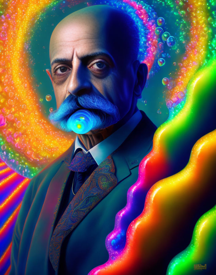 Distinguished man with mustache in formal attire on vibrant, psychedelic backdrop