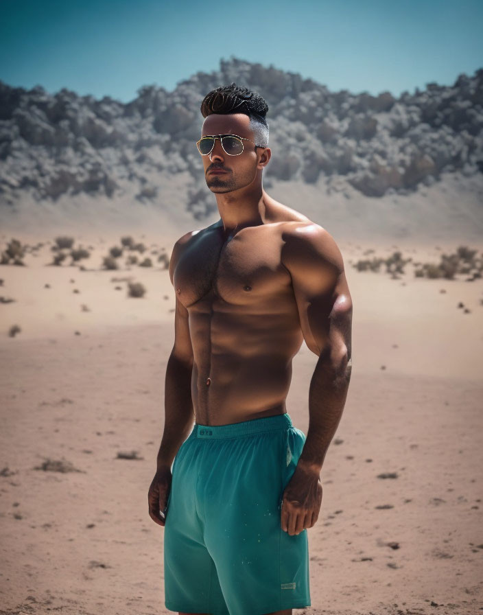 Shirtless man in sunglasses and swim shorts in desert landscape