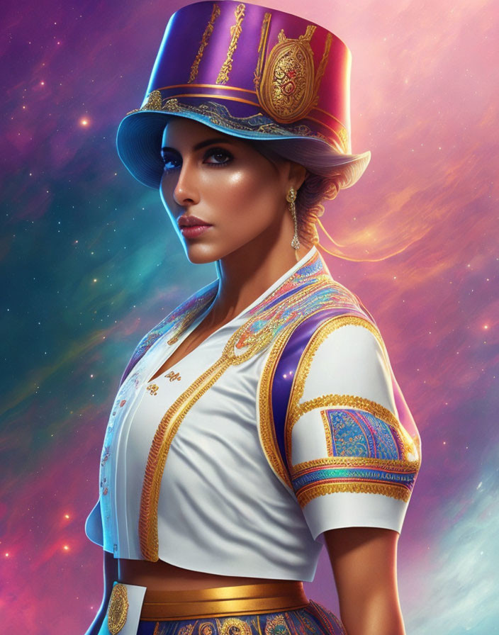 Futuristic digital artwork of a woman in ornate gold-trimmed uniform