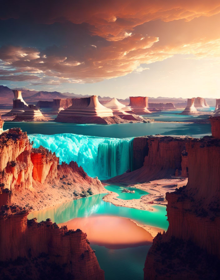 Majestic landscape with steep canyons, waterfall, river, and rock formations under orange sky