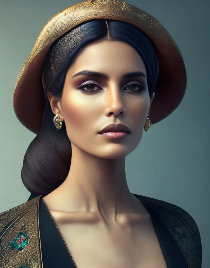 Dark-haired woman in gold-trimmed hat and embroidered jacket gazes intently.