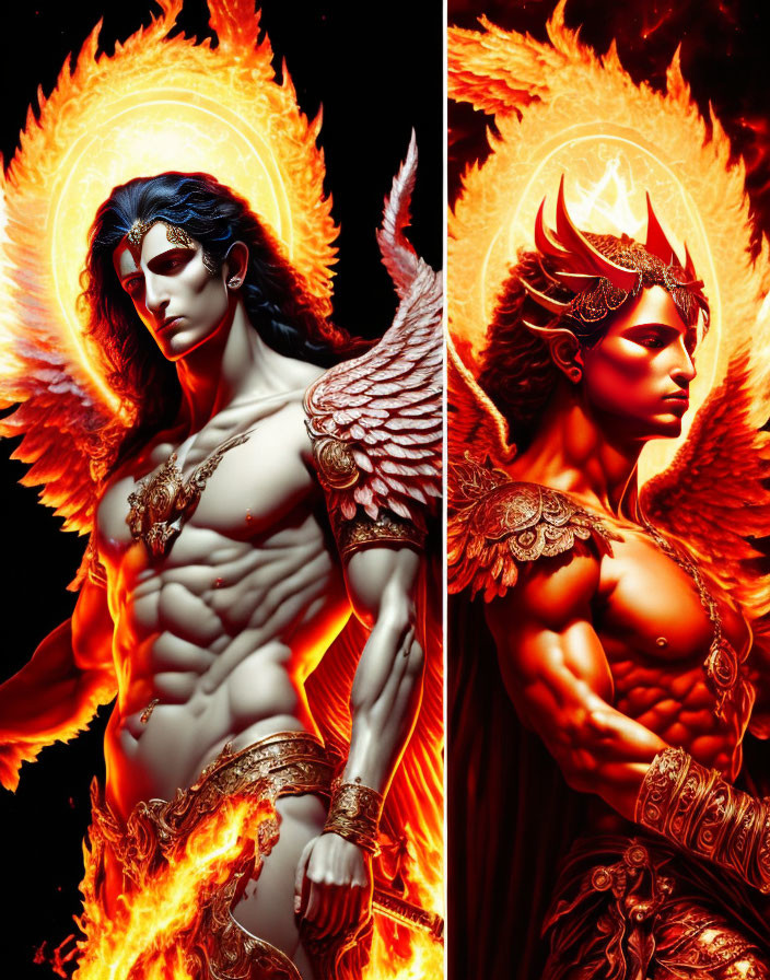 Fiery angelic figures with wings and ornate armor on dark background.