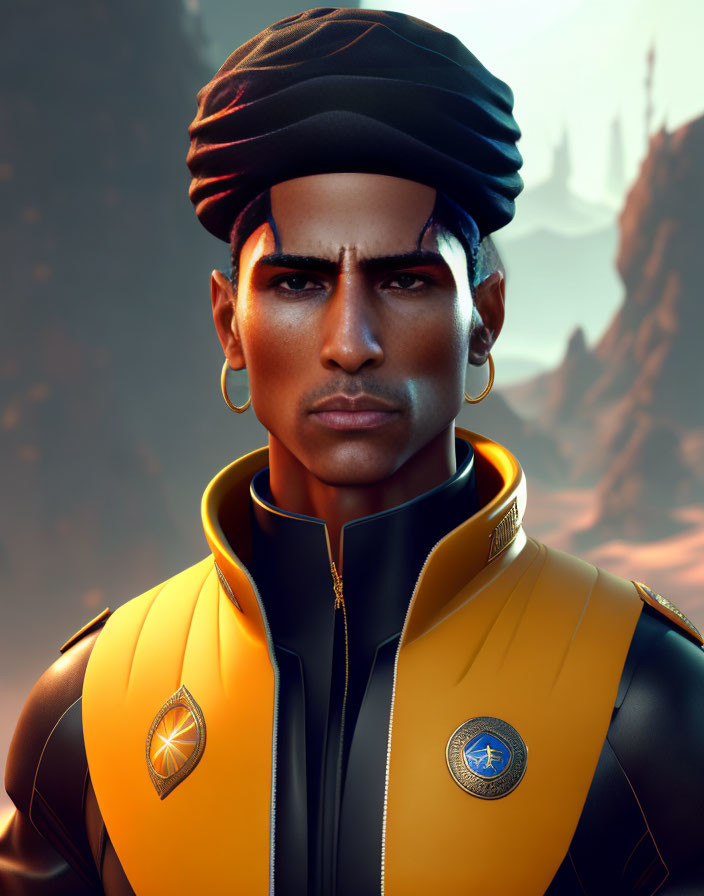 Man in Black Turban and Futuristic Suit Against Orange Background