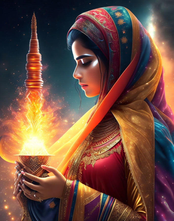 Traditional Attire Woman Holding Glowing Lamp with Cosmic Background