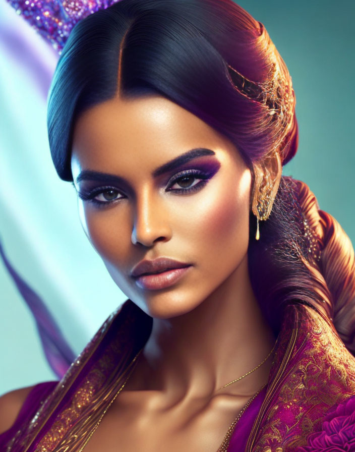 Woman's Portrait with Striking Makeup and Elaborate Hairstyle on Colorful Background