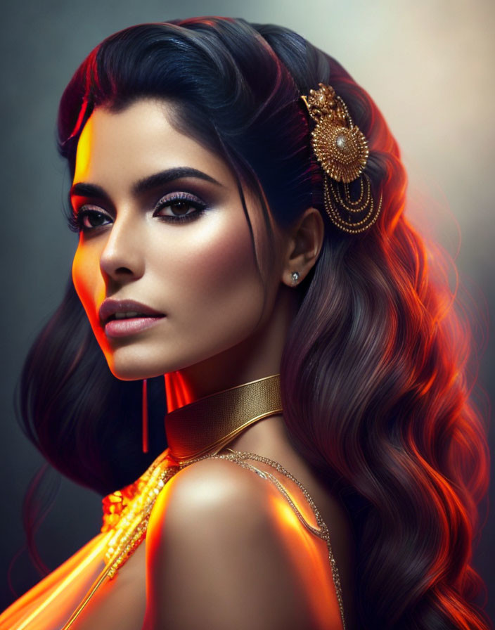 Elegant woman with wavy hair, gold accessory, orange attire