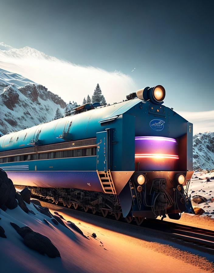 Futuristic blue train in snowy mountain landscape