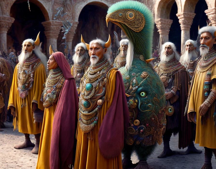 Fantastical characters in ornate robes in medieval courtyard.