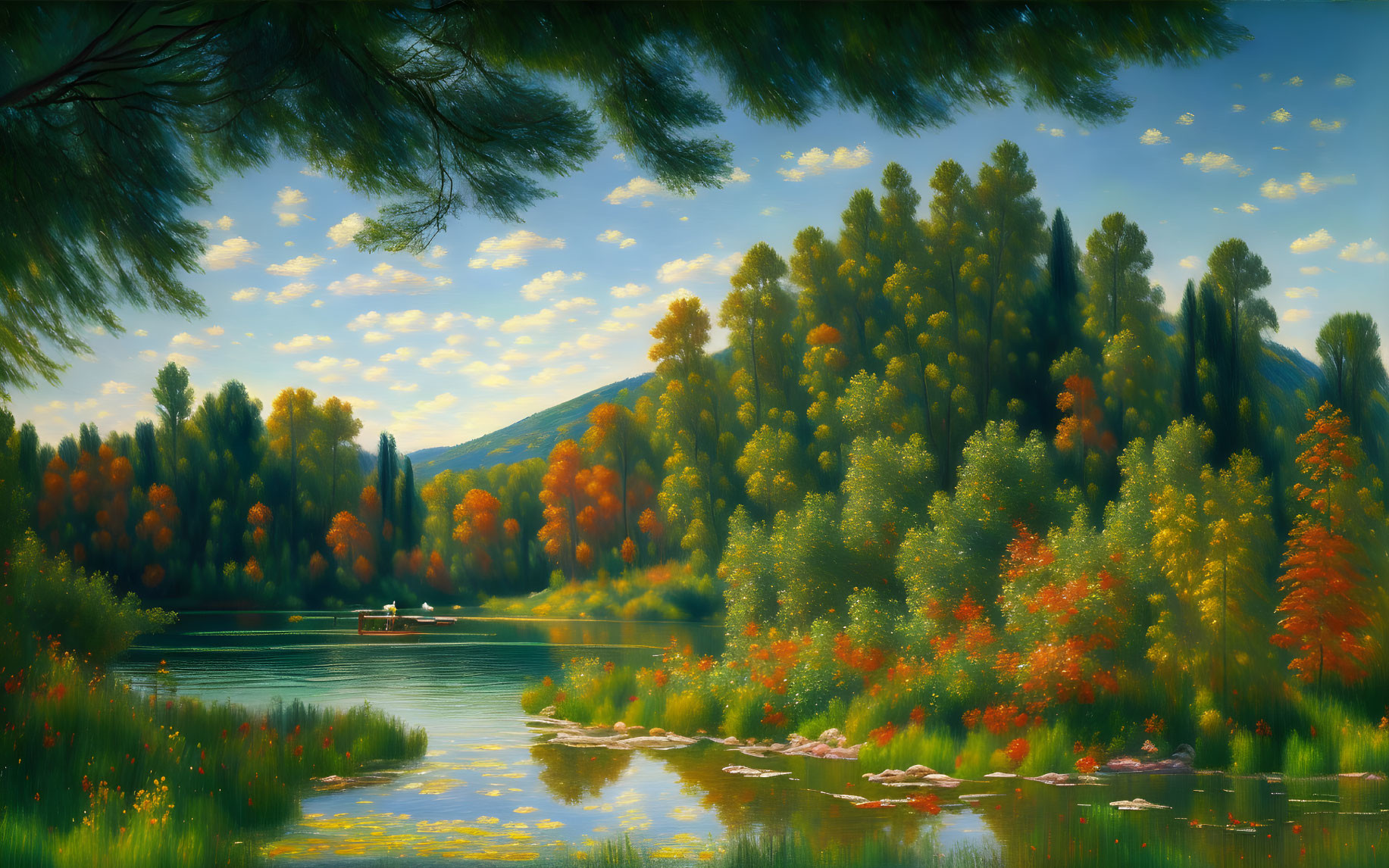 Scenic autumn lake view with colorful trees, boat, and lush greenery reflected in calm water