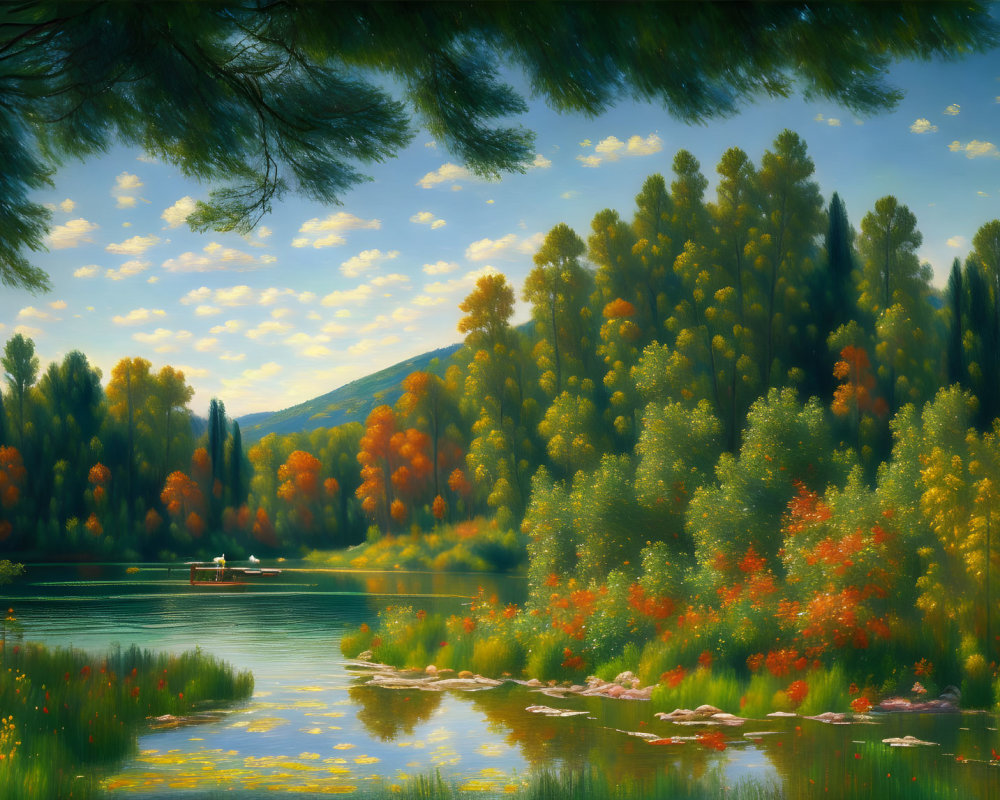 Scenic autumn lake view with colorful trees, boat, and lush greenery reflected in calm water