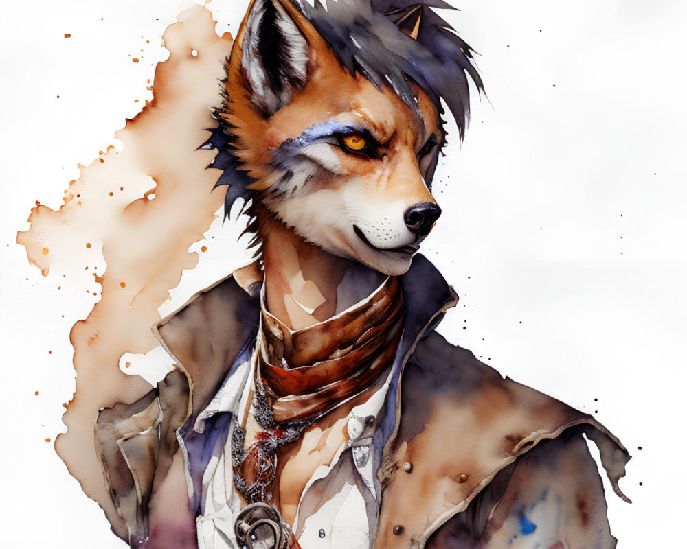 Detailed Watercolor Painting of Anthropomorphic Fox in Stylish Attire