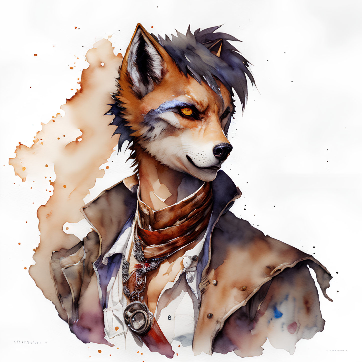 Detailed Watercolor Painting of Anthropomorphic Fox in Stylish Attire