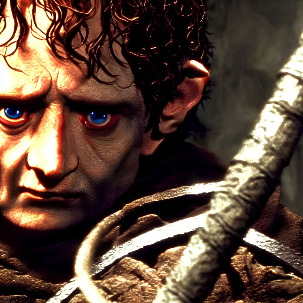 Intense male character with piercing blue eyes and curly hair holding a rope