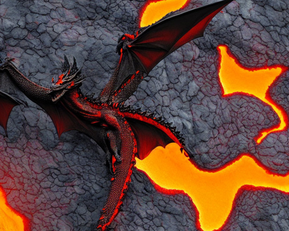 Fiery-red Dragon Soaring Above Cracked Terrain