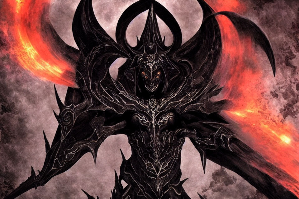 Menacing fantasy creature with large horns and wings in fiery red and gray backdrop