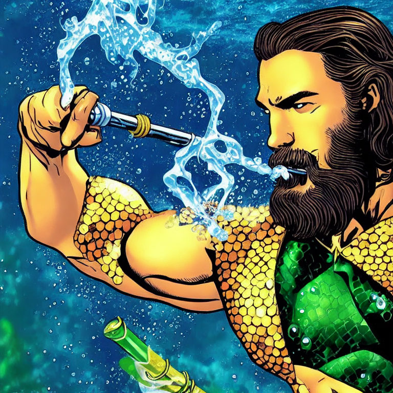 Bearded man in green scaled costume with trident in water swirls