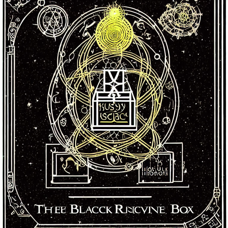 Geometric gold symbols on black with central box design and mystical text.