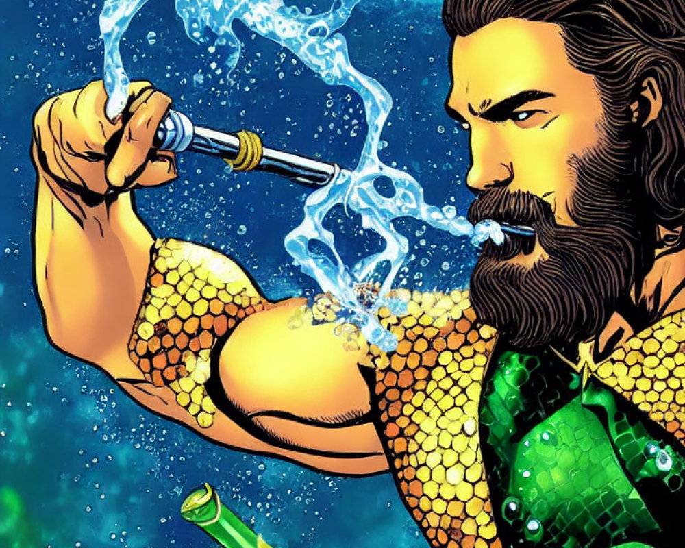 Bearded man in green scaled costume with trident in water swirls