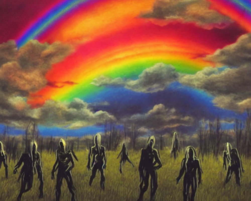 Silhouetted figures walking under dramatic sky with double rainbow