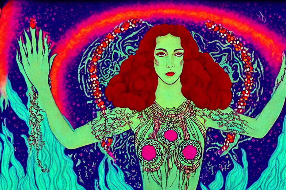 Vibrant red-haired woman with raised hands in psychedelic background