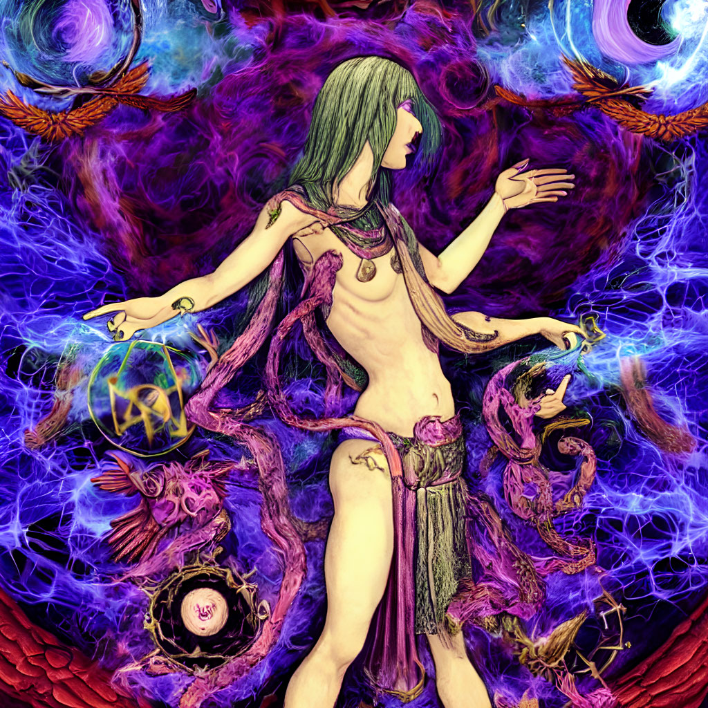 Colorful artwork of multi-armed figure with green hair in cosmic setting