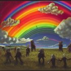 Silhouetted figures walking under dramatic sky with double rainbow